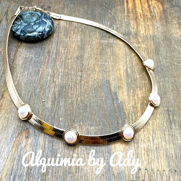 Gold herringbone snake chain choker necklace/lolita pearls - Picture 1 of 8